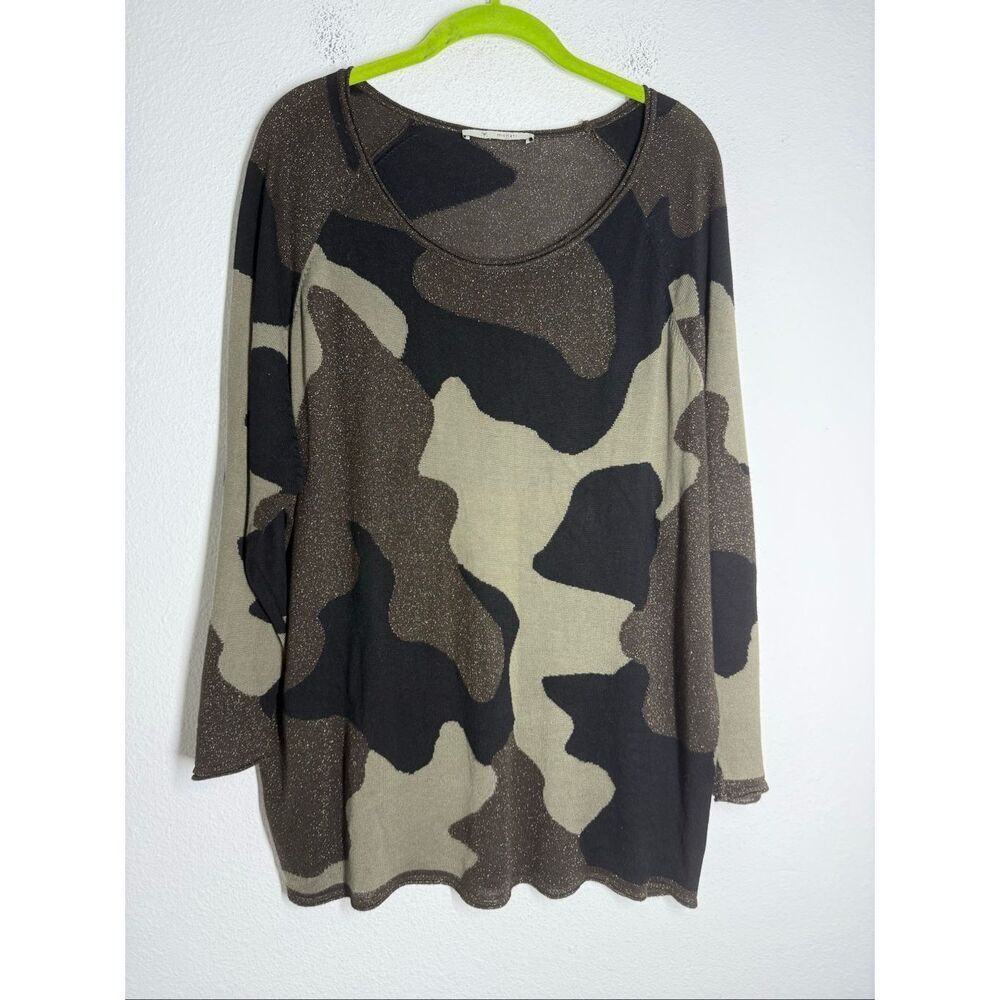 Monari Women’s Boho Camo  Lurex Trim Green Black Sweater Sz XL See Description